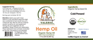 2 (Pack) Valerio Pet Hemp Oil, 1 fl oz (30 ml) 300 mgs - USDA CERTIFIED ORGANIC